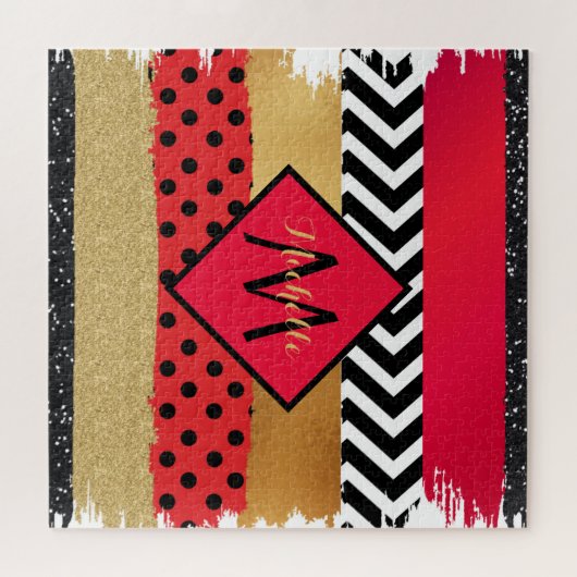 Red Black Gold Glitter Brush Stroke Monogramed Legpuzzel (Horizontaal)