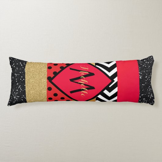 Red Black Gold Glitter Brush Stroke Monogramed Lichaamskussen (Voorkant)