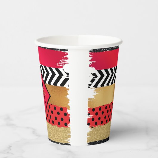 Red Black Gold Glitter Brush Stroke Monogramed Papieren Bekers (Links)