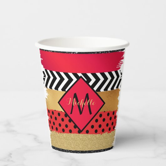 Red Black Gold Glitter Brush Stroke Monogramed Papieren Bekers (Voorkant)