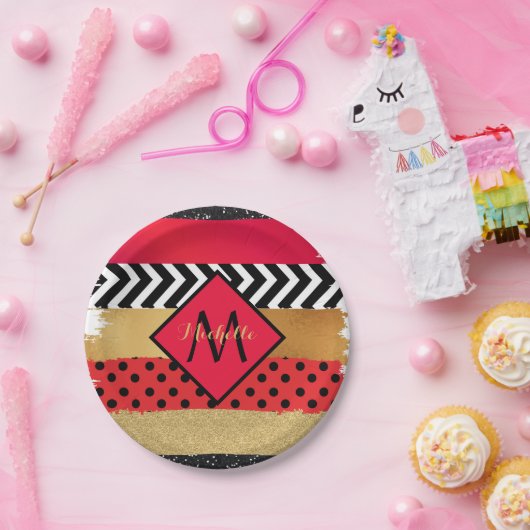 Red Black Gold Glitter Brush Stroke Monogramed Papieren Bordje (Feest)