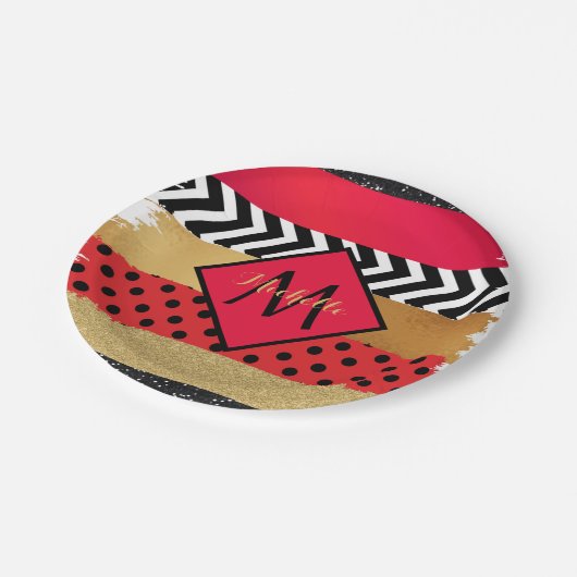Red Black Gold Glitter Brush Stroke Monogramed Papieren Bordje (Gekanteld)