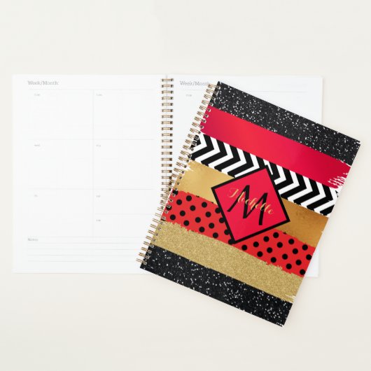 Red Black Gold Glitter Brush Stroke Monogramed Planner (Display)