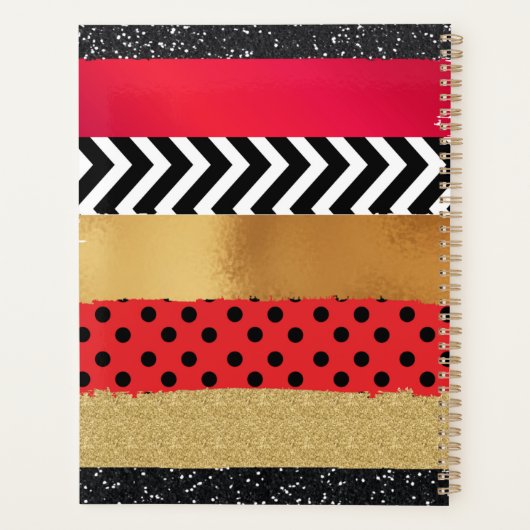Red Black Gold Glitter Brush Stroke Monogramed Planner (Achterkant)