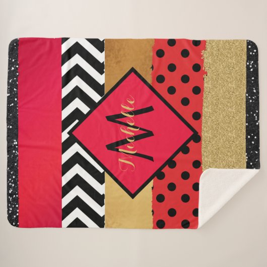 Red Black Gold Glitter Brush Stroke Monogramed Sherpa Deken (Voorkant (horizontaal))