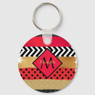 Red Black Gold Glitter Brush Stroke Monogramed Sleutelhanger