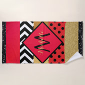 Red Black Gold Glitter Brush Stroke Monogramed Strandlaken (Voorkant)