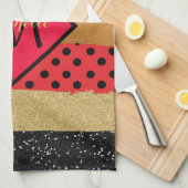 Red Black Gold Glitter Brush Stroke Monogramed Theedoek (Quarter Fold)