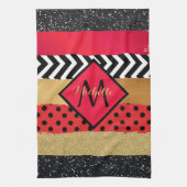 Red Black Gold Glitter Brush Stroke Monogramed Theedoek (Verticaal)