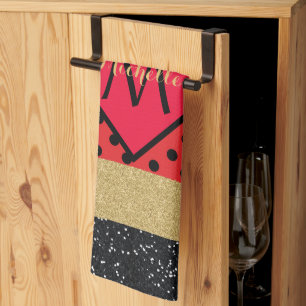 Red Black Gold Glitter Brush Stroke Monogramed Theedoek