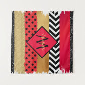 Red Black Gold Glitter Brush Stroke Monogramed Wandkleed (Voorkant (horizontaal))