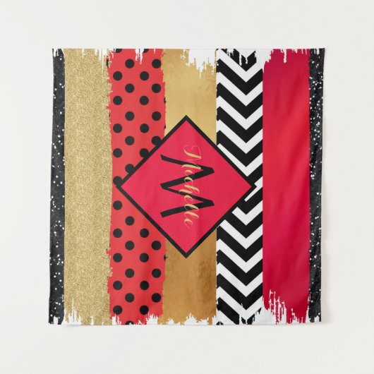 Red Black Gold Glitter Brush Stroke Monogramed Wandkleed (Voorkant (horizontaal))