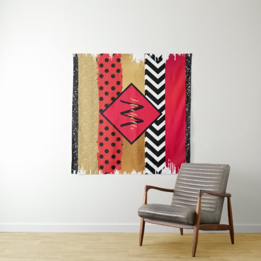 Red Black Gold Glitter Brush Stroke Monogramed Wandkleed (In Situ (horizontaal))