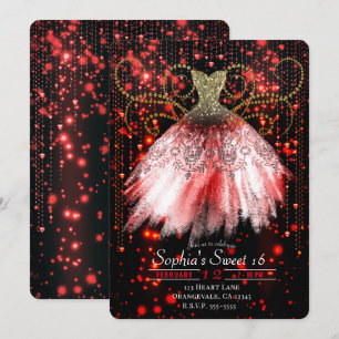Red Black Gold Glitter Dress Sweet 16 Party Kaart