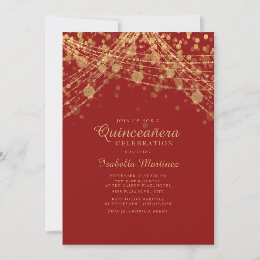 Red Black Gold Glitter String Lights Quinceañera Kaart (Voorkant)