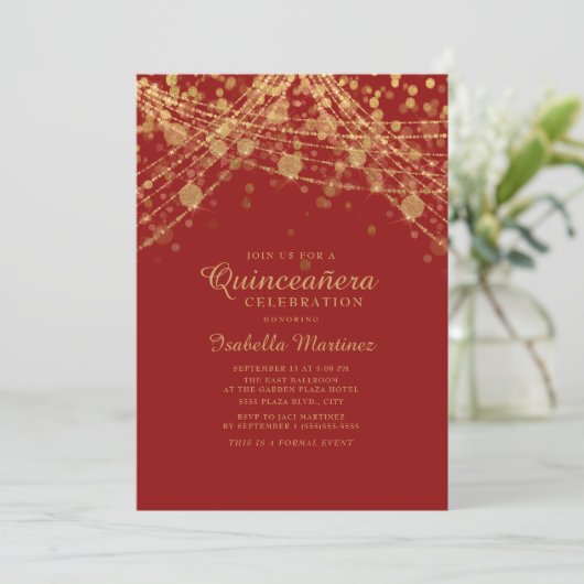 Red Black Gold Glitter String Lights Quinceañera Kaart (Staand voorkant)