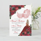 Red Black Gold Glitter Sweet 16 Masquerade Kaart (Staand voorkant)