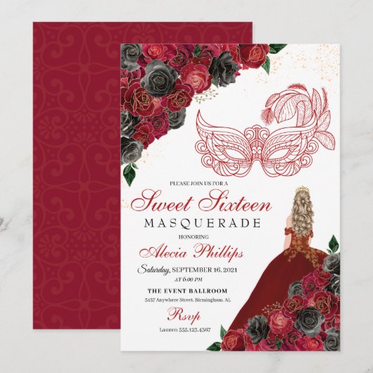 Red Black Gold Glitter Sweet 16 Masquerade Kaart (Voorkant / Achterkant)
