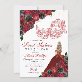 Red Black Gold Glitter Sweet 16 Masquerade Kaart