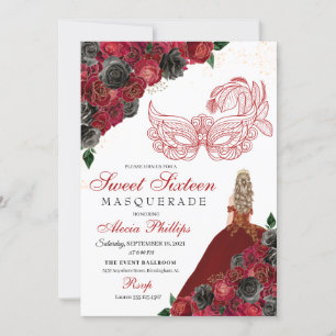 Red Black Gold Glitter Sweet 16 Masquerade Kaart