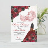 Red Black Gold Glitter Sweet 16 Masquerade Kaart (Staand voorkant)