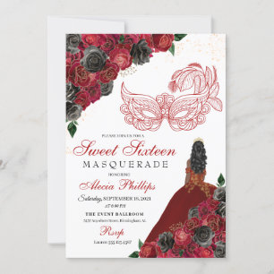 Red Black Gold Glitter Sweet 16 Masquerade Kaart