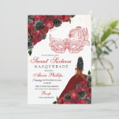 Red Black Gold Glitter Sweet 16 Masquerade Kaart (Staand voorkant)