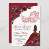 Red Black Gold Glitter Sweet 16 Masquerade Kaart (Voorkant / Achterkant)