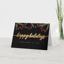 Red Black & Gold Happy Holiday Script foliage Feestdagen Kaart