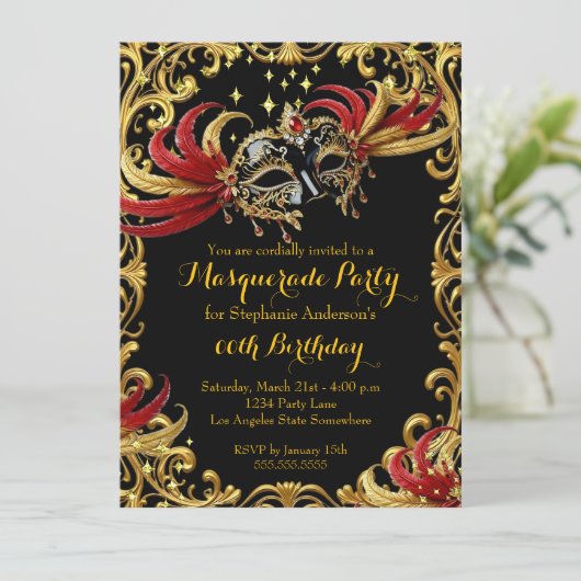 Red Black Gold Magical Night Masquerade Party Kaart (Staand voorkant)