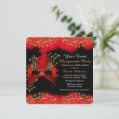 Red Black Gold Masquerade Birthday Party Kaart (Staand voorkant)