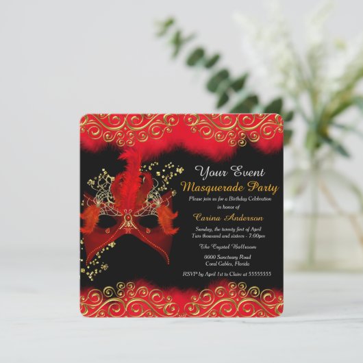 Red Black Gold Masquerade Birthday Party Kaart (Staand voorkant)