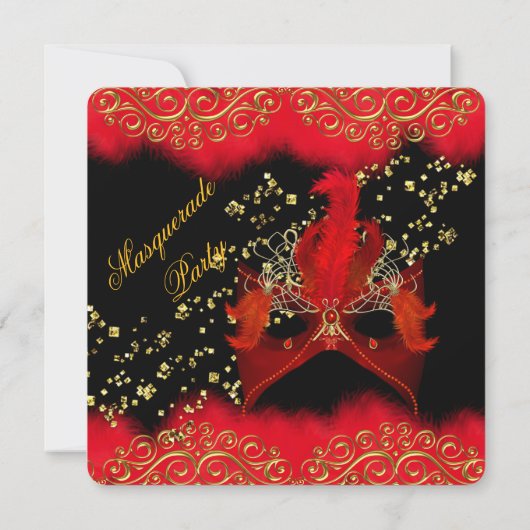 Red Black Gold Masquerade Birthday Party Kaart (Achterkant)