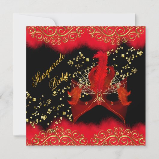 Red Black Gold Masquerade Birthday Party Kaart (Achterkant)