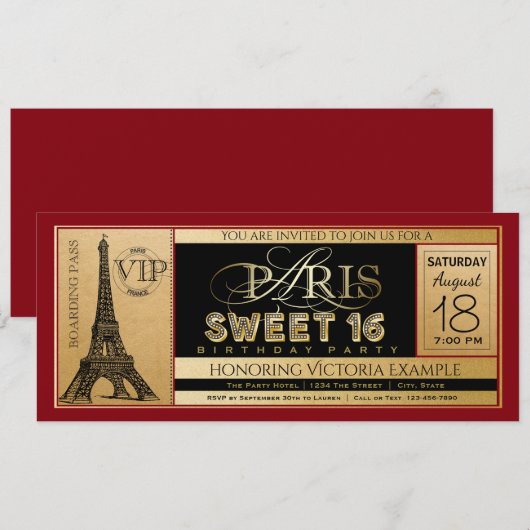 Red Black Gold Paris Sweet 16 Ticket Uitnodiging (Voorkant / Achterkant)
