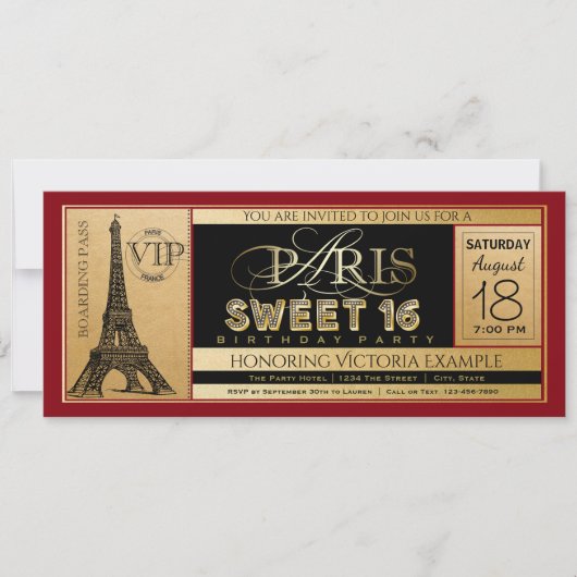 Red Black Gold Paris Sweet 16 Ticket Uitnodiging (Voorkant)