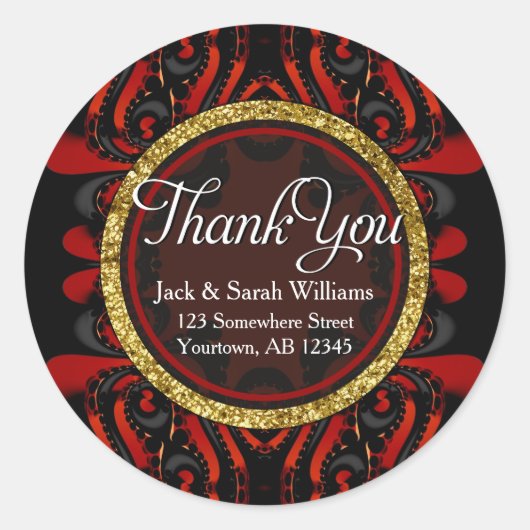 Red Black + Gold Thank You round Stickers (Voorkant)