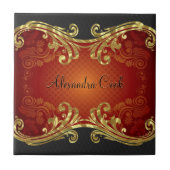Red Black & Gold Tones  Swirls 2-Monogram Tegeltje (Voorkant)
