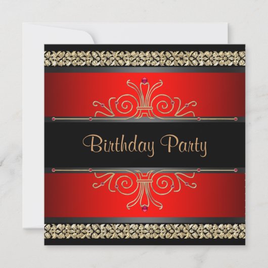 Red Black Gold Womans Birthday Party Invitations Kaart (Voorkant)