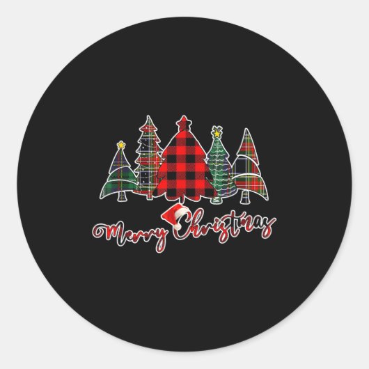 Red Black Green Buffalo Plaid Merry Christmas Tree Ronde Sticker (Voorkant)