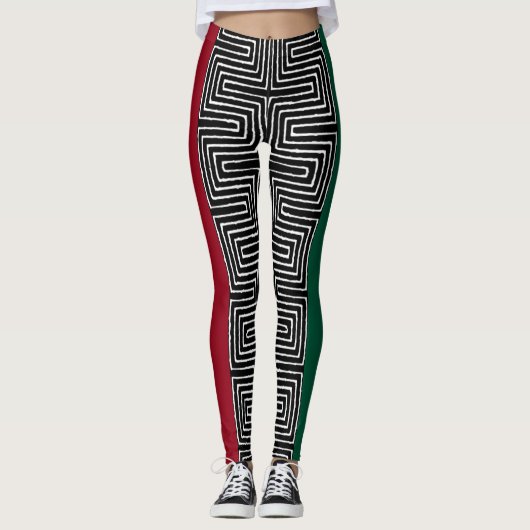 Red Black Green Maze African Mud Cloth Leggings (Voorkant)