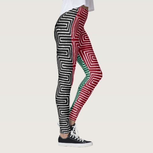 Red Black Green Maze African Mud Cloth Leggings (Rechts)