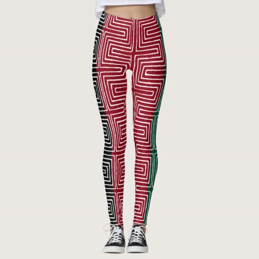 Red Black Green Maze African Mud Cloth Leggings (Voorkant)