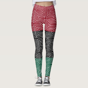 Red Black Green Maze African Mud Cloth Leggings