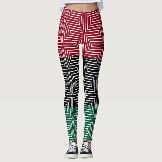 Red Black Green Maze African Mud Cloth Leggings (Voorkant)