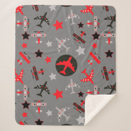 Red Black Grey AIrplanes Pattern Sherpa Deken