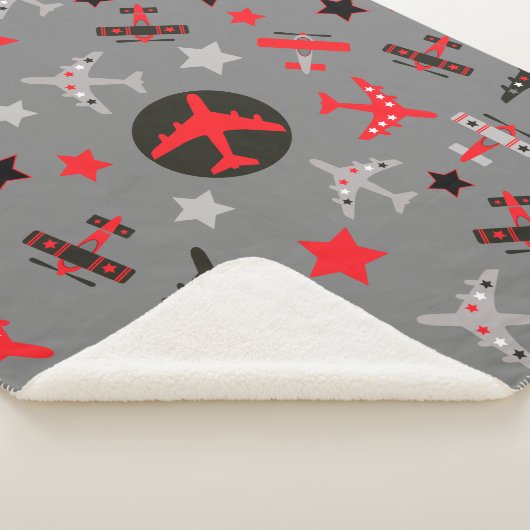 Red Black Grey AIrplanes Pattern Sherpa Deken (3/4)