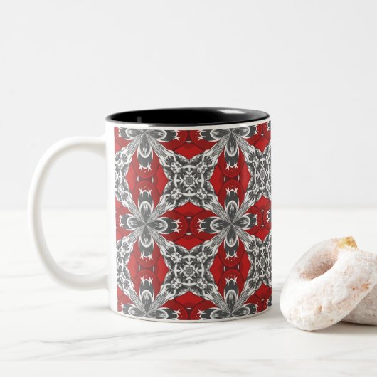 Red Black Grey and White Tile Pattern herhalen Tweekleurige Koffiemok (Met donut)