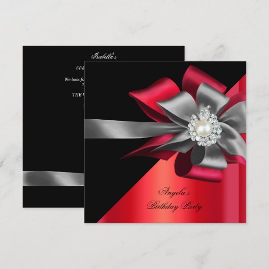 Red Black Grey Silver Bow Pearl Birthday 2 Kaart (Voorkant / Achterkant)