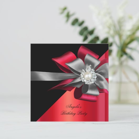 Red Black Grey Silver Bow Pearl Birthday 2 Kaart (Staand voorkant)